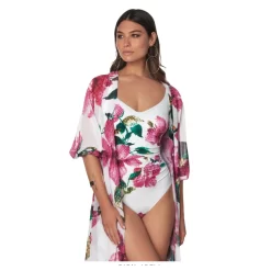 Maillot De Bain 1 Pièce Fleuri Fond Blanc Avec Mousses Adela